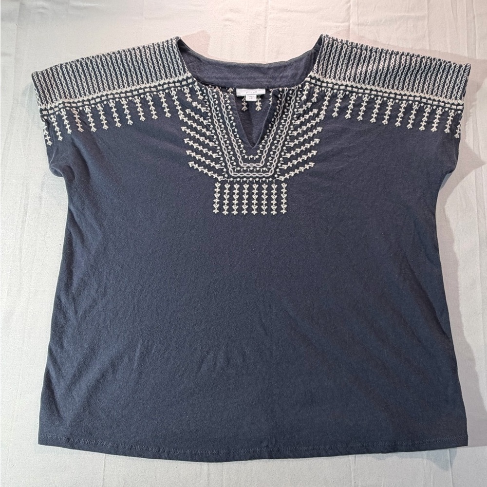 J. Jill PureJill Embroidered‎ Split-Neck Cap Sleeve Top Blue/Gray, Size SP Boho